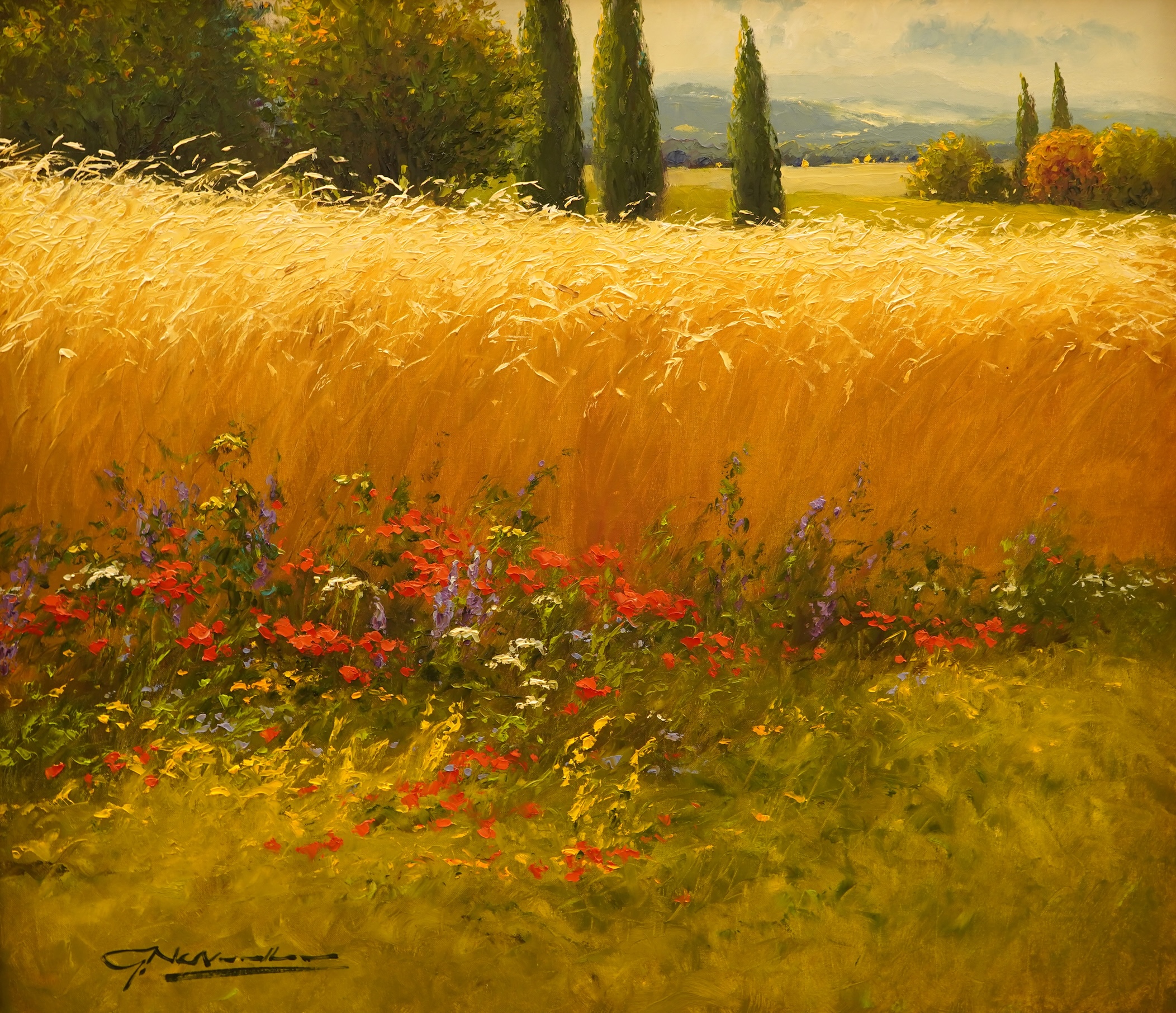 Gerhard Nesvadba (German, b. 1941), Meadow landscape, signed, oil on canvas, 69 x 78cm, gilt frame